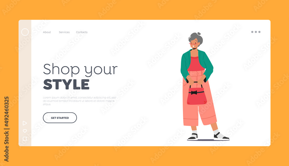 Trendy Grandmother Landing Page Template. Old Elegant Lady in Trendy Clothes. Modern Elderly Lady Character