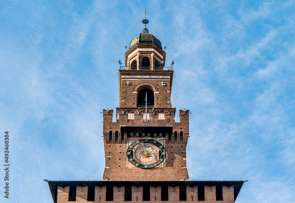 The tower of the Filarete, at the entrance of the Castello Sforzesco, medieval fortification in Milan city center, Lombardy region, northern Italy. 