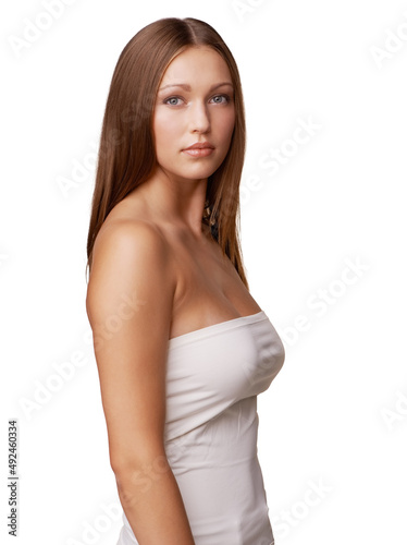 Shes purely beautiful. Waist up studio portrait of a young model isolated on white.