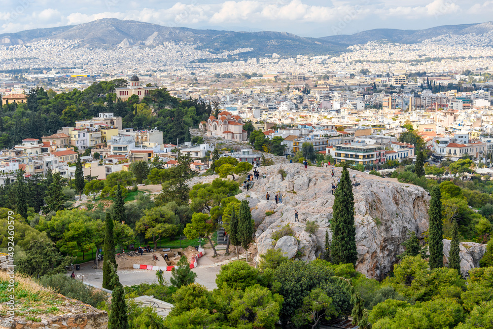 View from the Acropolis Hill of Areopagus Hill, a historic site that once served as the high court of appeal for judicial cases in ancient Greece.