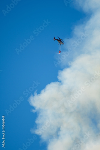 Helicopter fighting a forest fire in a Patagonian forest.