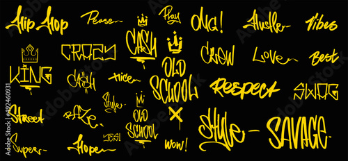 Street art graffiti tags. Yellow street underground inscriptions isolated on black background. Graffiti urban, tags, signs effect written in marker or grunge. Underground inscriptions arts collection