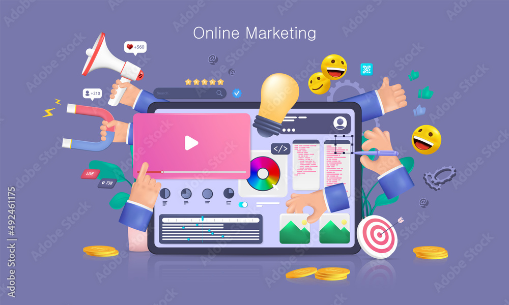 Online marketing, SEO concept. 3D Realistic cartoon illustration with financial report chart, infographics, web design and data analytic. Tablet with hands and tools social marketing and seo. Vector Online marketing, SEO concept. 3D Realistic cartoon illustration with financial report chart, infographics, web design and data analytic. Tablet with hands and tools social marketing and seo. Vector