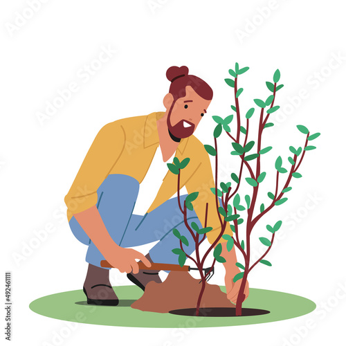 Gardening Works, Forest Restoration, Reforestation and Planting Trees Concept. Volunteer Character Planting Tree photo