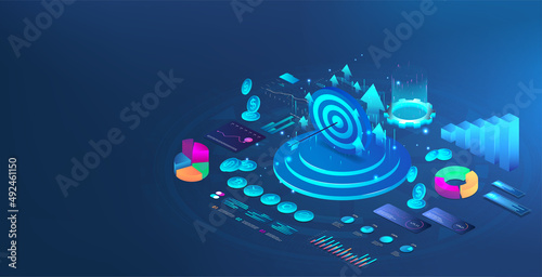 Web banner Goal achievement in isometric style. The concept of achieving business goals, business strategy, market analysis, financial success. Target with an arrow a symbol of success. Vector page