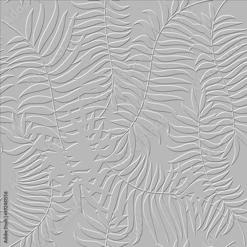Embossed floral line art tracery 3d seamless pattern. Ornamental beautiful leafy relief background. Repeat textured white backdrop. Surface leaves, branches. 3d endless ornament with embossing effect © Naila Zeynalova