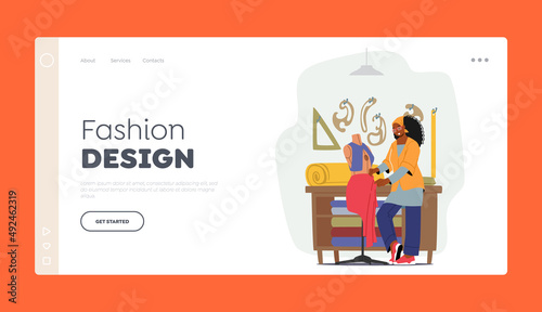 Fashion Design Landing Page Template. Apparel or Fashion Designer Character Projecting Garment on Mannequin