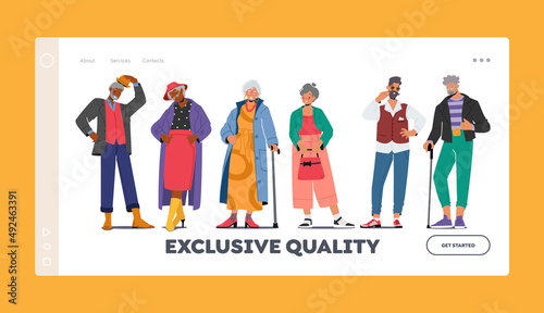 Exclusive Quality Landing Page Template. Trendy Old Male and Female Characters Wear Fashionable Clothes. Stylish Seniors