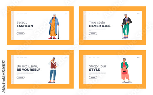 Fashionable Old People Landing Page Template Set. Trendy Aged Male and Female Characters Wear Fashionable Clothes