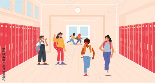 Happy Children in School Hallway Interior. Back to School Concept, Happy Group of Kids, White Girls, Asian and Black Boy