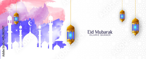 Eid mubarak islamic background with brush and watercolor style
