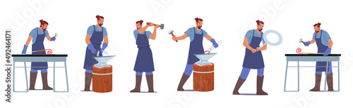 Set of Blacksmith Male Characters Work with Instruments Hammer or Anvil. Man Wear Apron Professional Master Working © Hanna Syvak