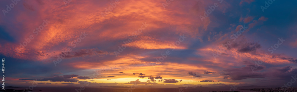 Panorama of a dramatic dusk sky over the ocean as background or texture Panorama of a dramatic dusk sky over the ocean as background or texture