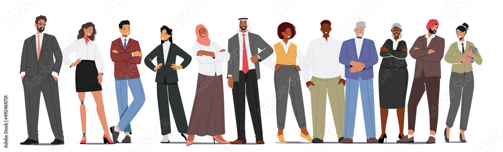 Diverse Business Men and Women Wear Formal Clothes Stand in Row. Confident Male and Female Characters