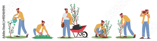 Set Gardening Works, Reforestation, Nature and Ecology Concept. World Environment Day, Characters Planting Seedlings photo