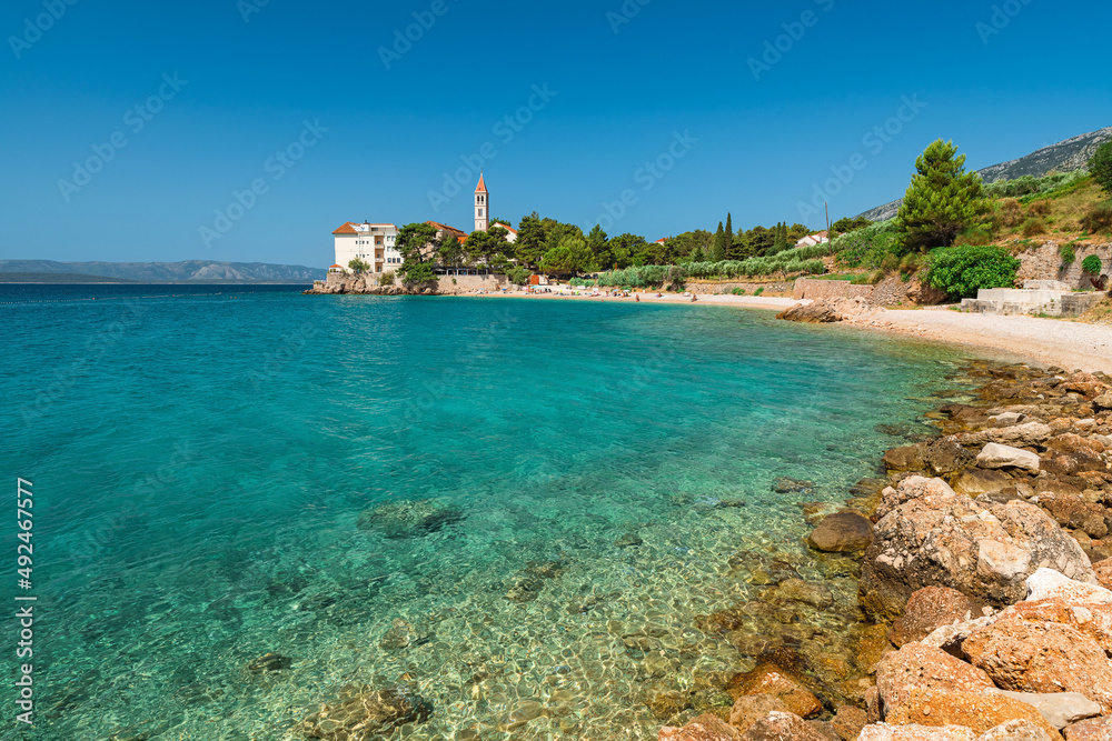 Croatia, Brac island, Bol. Beautiful view of Dominician monastery and Martinica beach on Adriatic sea