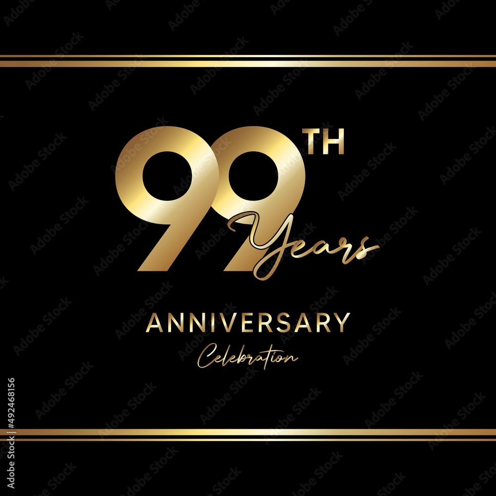 99 years anniversary celebration. Anniversary logo with golden color isolated on black background, vector design for celebration, invitation card, greeting card, and banner 99 years anniversary celebration. Anniversary logo with golden color isolated on black background, vector design for celebration, invitation card, greeting card, and banner