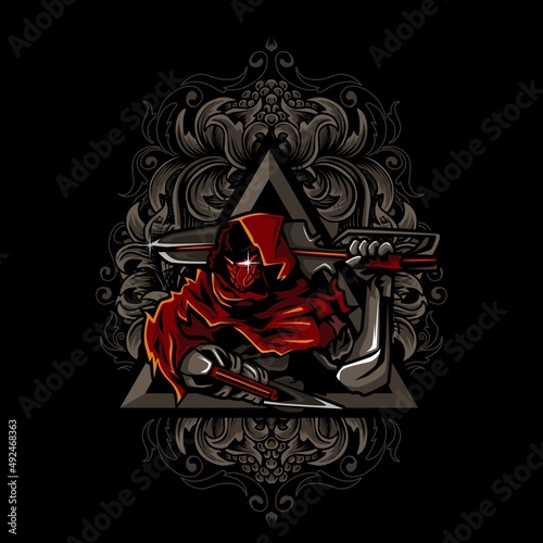 Assassin vector character illustration carrying a sword