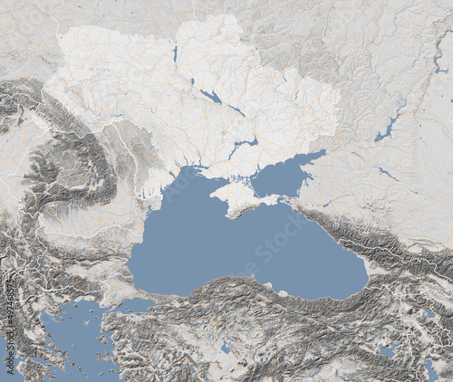 Map of Eastern Europe, Ukraine and neighboring states, satellite view, black sea and Turkey. Shaded relief. Main roads and urban centers. 3d rendering photo