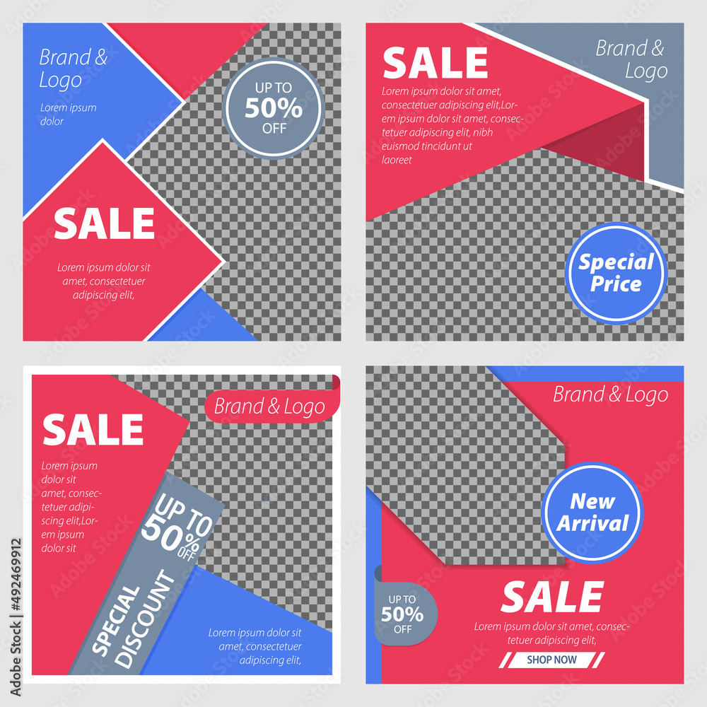 Minimal online promotion sale banner template set, flat design, blue and red color, vector illustration.