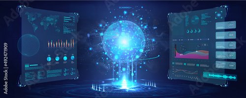 Futuristic cyberspace with dashboard elements HUD. 3D Earth Globe hologram in control center with UI Sci-fi. Military security system HUD. Earth Globe control center with Dashboard - tracking system