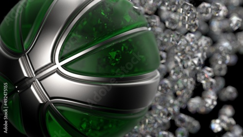 Clear Green-Gold Basketball with Diamond Particles under black lighting background. 3D illustration. 3D high quality rendering.