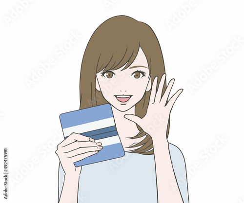 通帳を持ち、呼びかける女性
