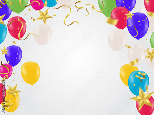 Party Balloons flowing from lower to across top. Holiday balloons and confetti flying on  background