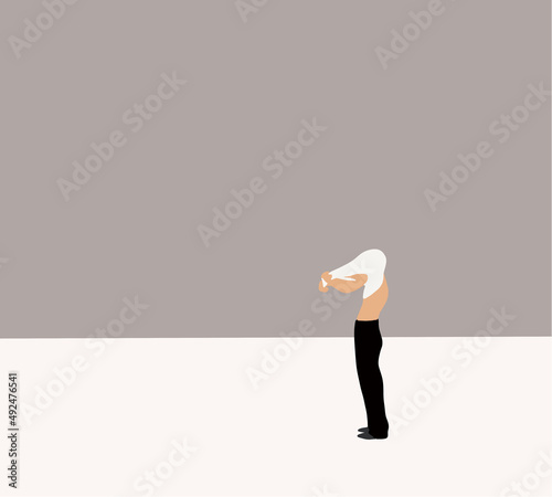 Man is taking off his t-shirt on gray background. Minimal vector illustration