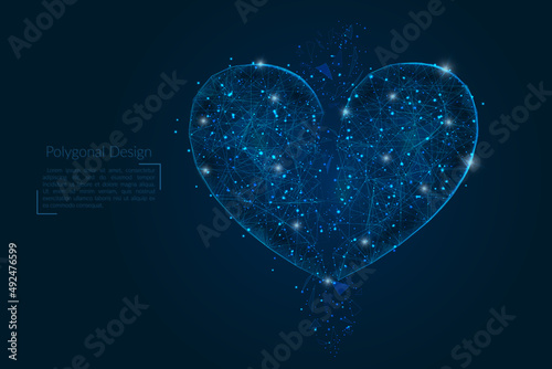 Abstract isolated image of broken heart. Polygonal low poly style illustration looks like stars in the blask night sky in spase or flying glass shards.