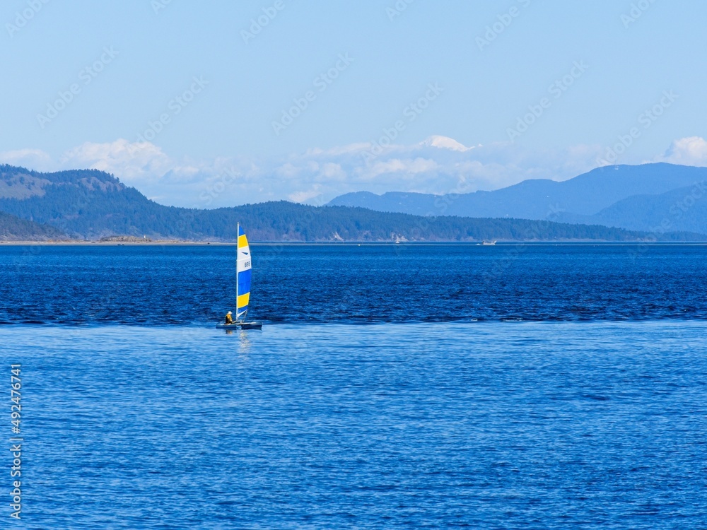 Fototapeta premium Sail boat near the shore of Sidney BC with sail colored in yellow and blue as national flag of Ukraine in sign of support