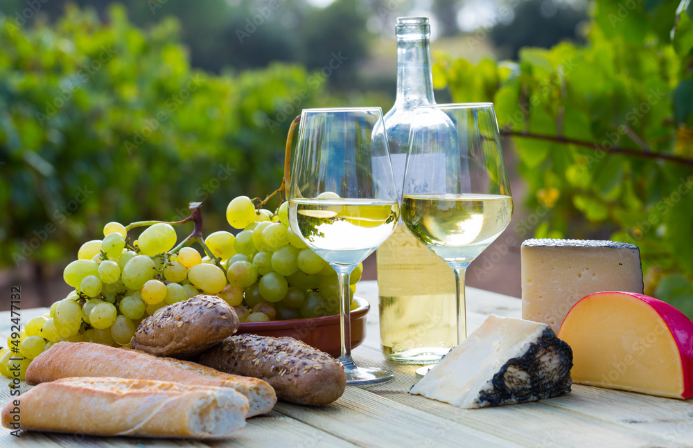 Fototapeta premium Wooden table with two glasses of wine, hard cheese, baguette and grapes on vineyard background