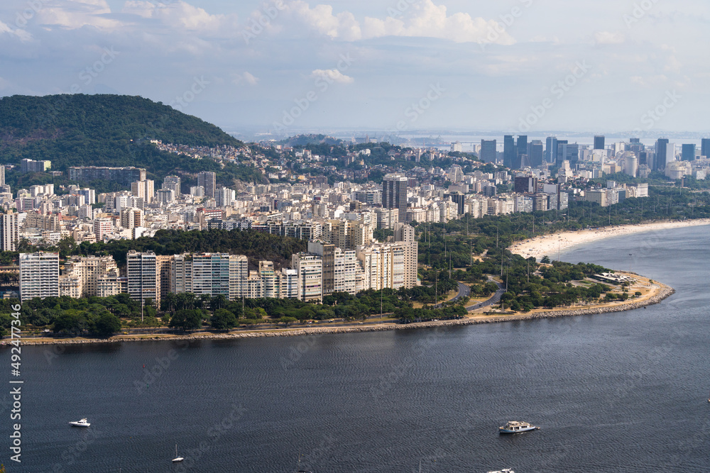 Aerial Image of the cove and beach of Flamengo with its buildings, boats and landscape. Rio de Janeiro, Brazil