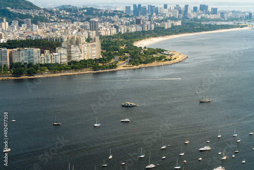 Aerial Image of the cove and beach of Flamengo with its buildings, boats and landscape. Rio de Janeiro, Brazil photo