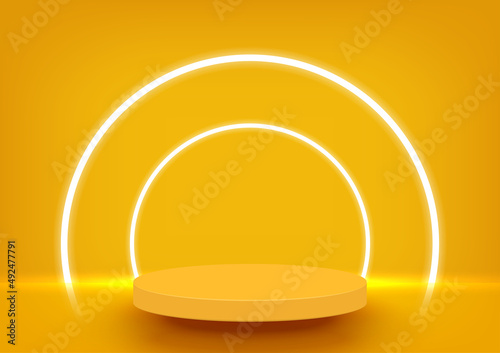 Stage podium with neon lighting for product display on yellow background. Summer background. Minimal style. Vector illustration.