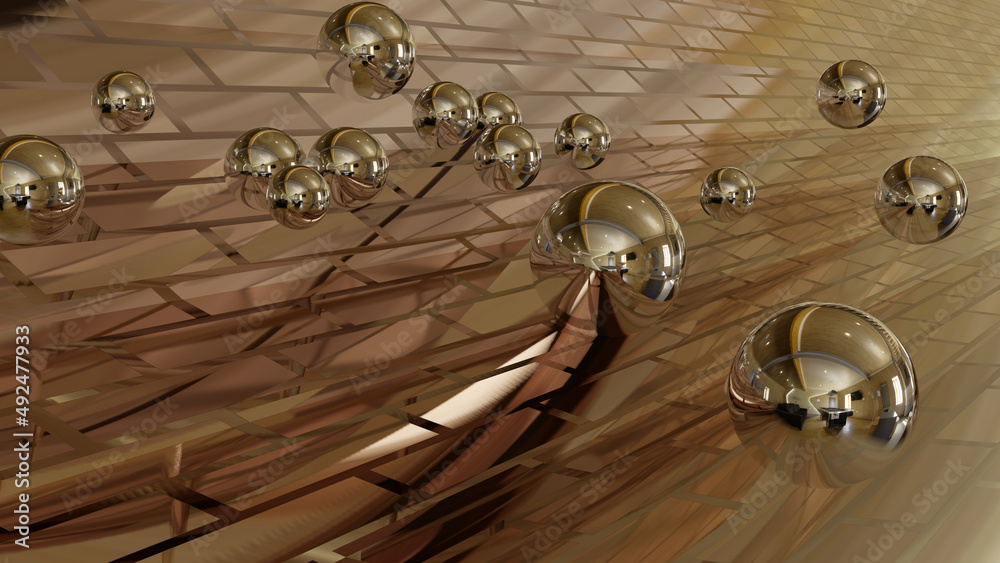 Glitter gold globes are gliding along a gold tile curve wall of drainage (3D Rendering) Glitter gold globes are gliding along a gold tile curve wall of drainage (3D Rendering)