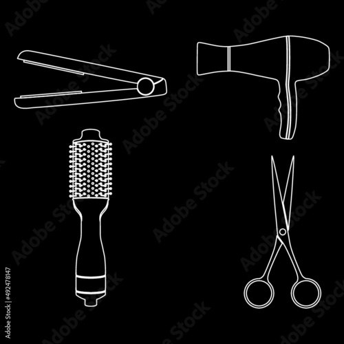 Hairdresser tools set with hairdryer scissors flat iron hairbrush outline