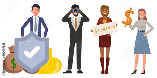 Set of successful business people with money character vector design. Presentation in various action. People working in office planning, financial and economic analysis.