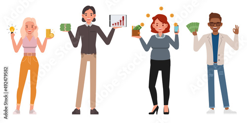 Set of successful business people with money character vector design. Presentation in various action. People working in office planning, financial and economic analysis.