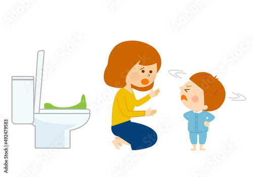 トイレを嫌がる子供と、困るお母さんのイラスト