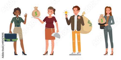 Set of successful business people with money character vector design. Presentation in various action. People working in office planning, financial and economic analysis. © yindee