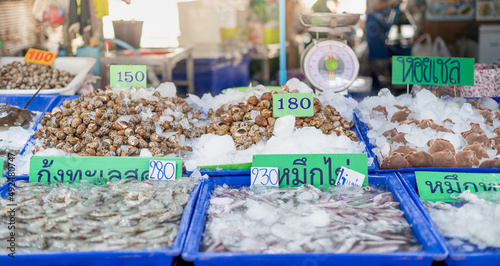 Fresh seafood catches from the sea by fishermen and sell at the seafood market in Thailand.