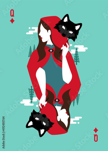 Queen of diamond playing card, red riding holding wolf mask.