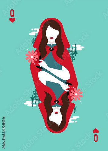 Queen of hearts playing card, red riding holding a flower.