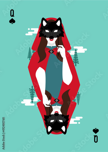 Queen of spades playing card, red riding holding wolf mask.