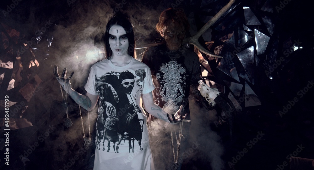sorcerers stands in smoke. voodoo rite sorcerers stands in smoke. voodoo rite