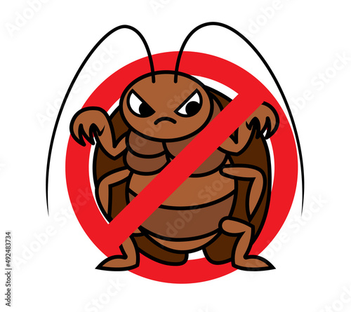 Kill cockroach signage. Cartoon cockcroach sad expression with no signage. Pest control signboard. Vector character illustration