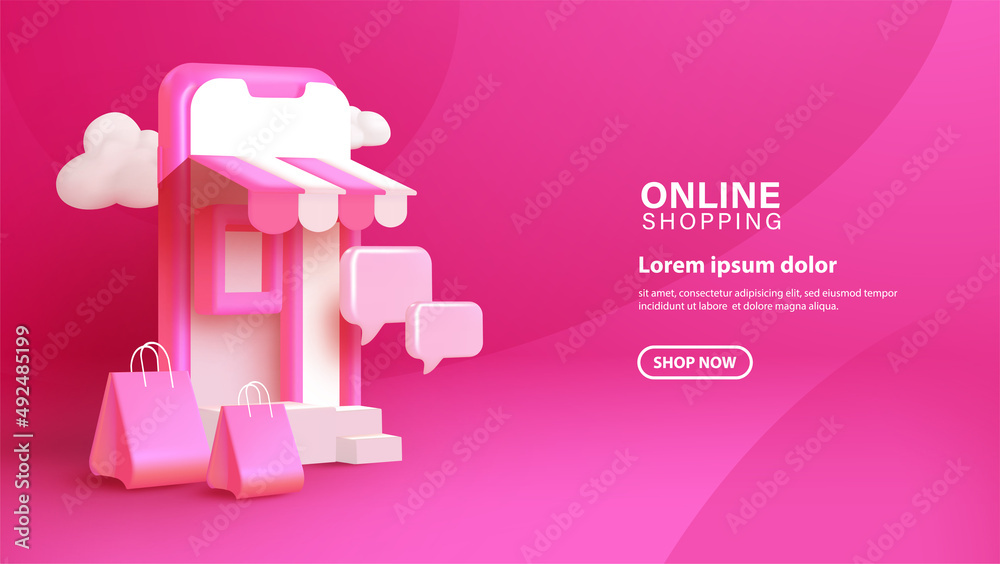 Online shopping with 3d smartphone on pink background