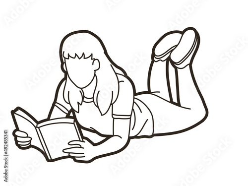 A Woman Laying Down and Reading Book People Learning Cartoon Graphic Vector