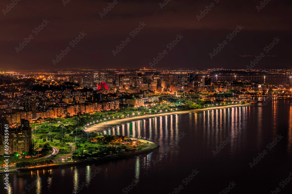 High angle view of Botafogo Bay and Rio de Janeiro downtown with light reflections at night
